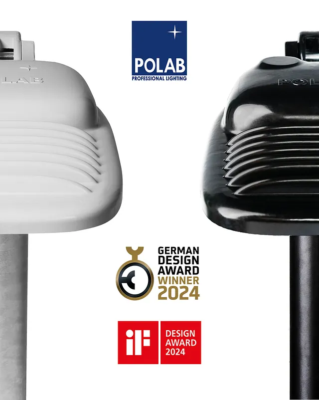 Valdur - prisbelönt gatubelysning i ljusgrå och svart, vinnare av IF Design Award och German Design Award 2024, framhävd med POLABs företagslogo och utmärkelseemblemen